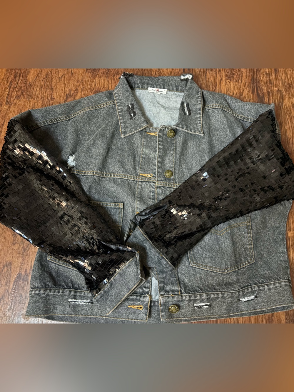 Sequin Sleeve Gray Denim Jacket - Women’s Statement Jean Jacket